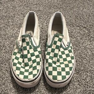 Vans White and Green Checkered Slip-On Sneakers